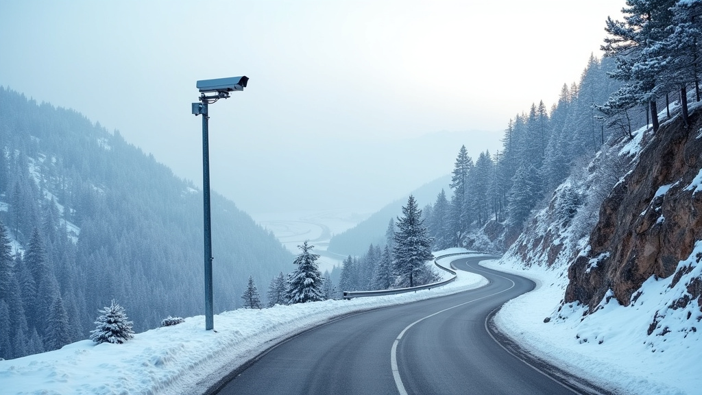 Vue aérienne de la RN20 vers le Pas de la Case avec conditions hivernales